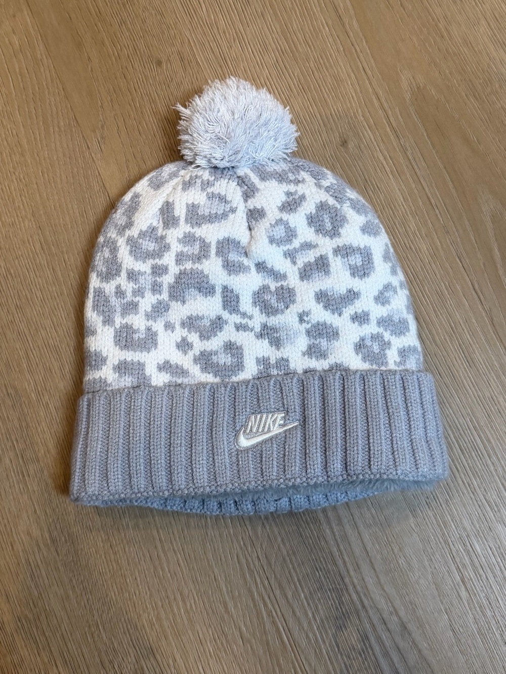 Nike White & Gray Leopard Pom Pom Beanie